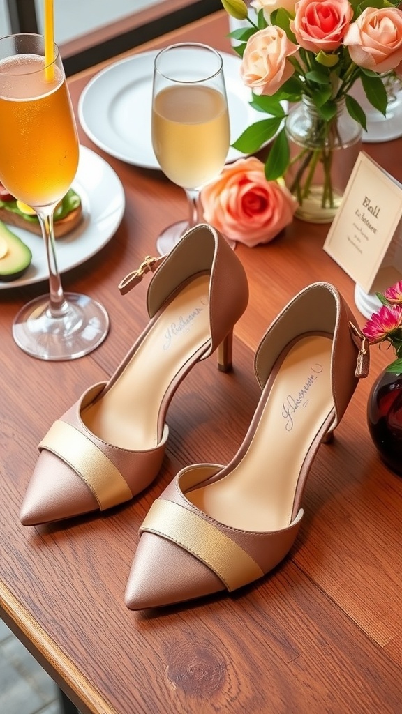 Brunch Heels: Perfect Footwear for Your Weekend Outings Chic brunch heels on a table with brunch items like mimosa and avocado toast.